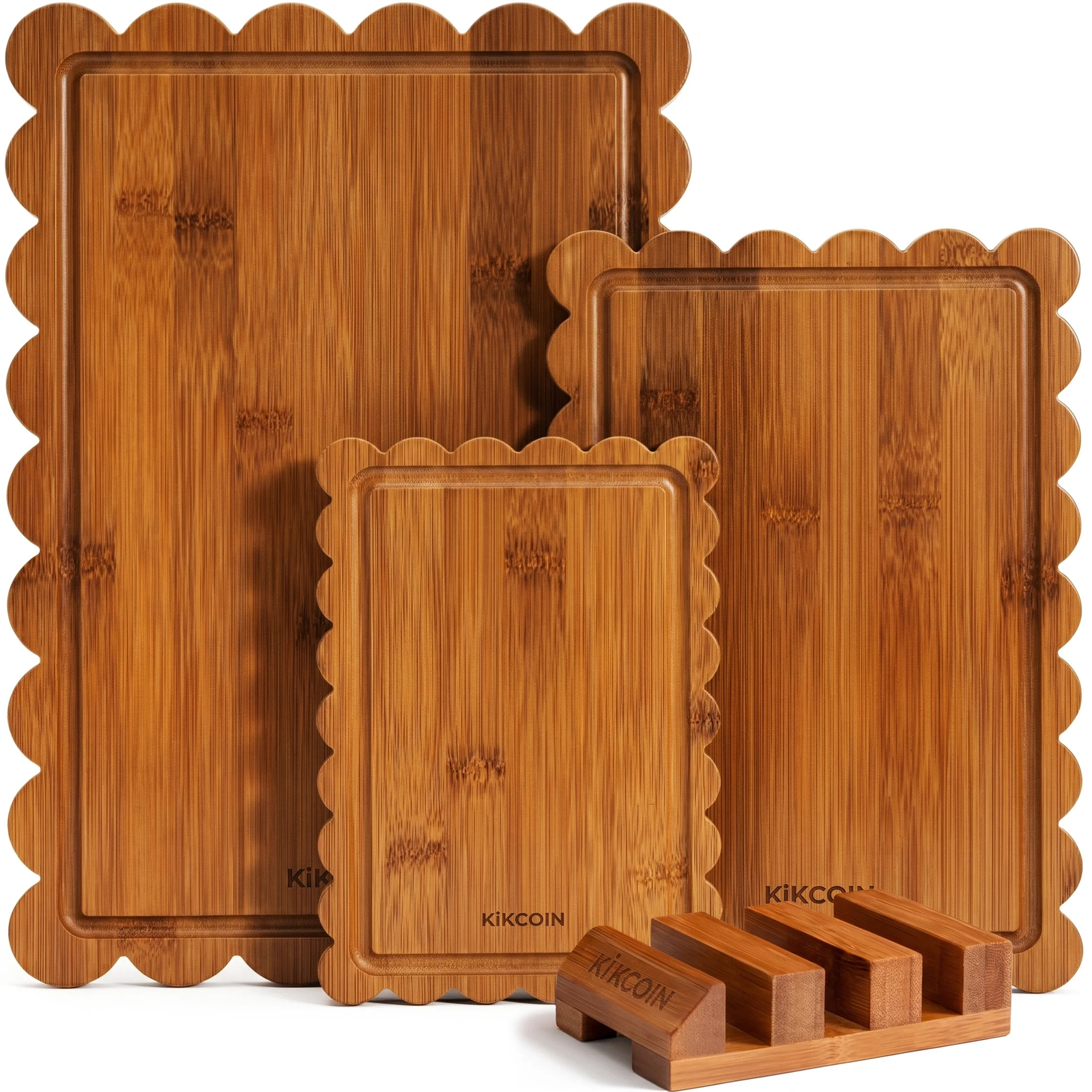 Kikcoin 4-Piece Bamboo Cutting Board Set with Storage Stand, Deep-Carbonized Wood Chopping Boards for Kitchen, Reversible Charcuterie Serving Tray | Walmart (US)