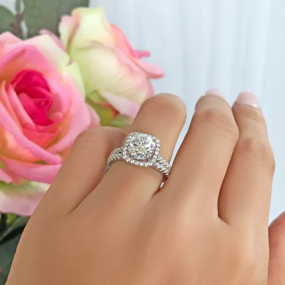 2.25 ctw Classic Square Halo Bridal Set, Man Made Diamond Simulant, Half Eternity Engagement Ring... | Etsy (US)