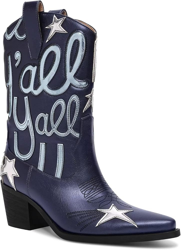 Metallic Cowboy boots for Women Mid Calf Low Heel Pointed Toe Womens Cowgirl Boots Fashion Embroi... | Amazon (US)