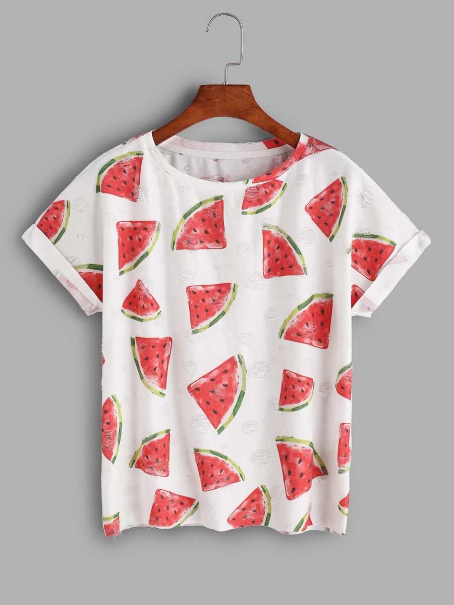 Watermelon Print Frayed Dot Tee | SHEIN