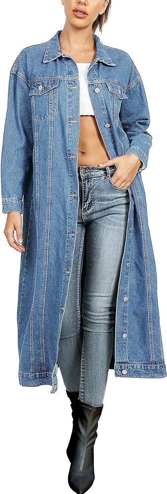 Jofemuho Womens Classic Long Jean Jacket Plus Size Loose Long Sleeve Button Down Denim Jacket Tre... | Amazon (US)