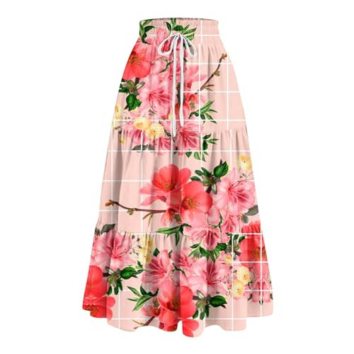 Long Skirts for Women Trendy Tiered Elastic High Waisted Long Floral Skirt Summer Beach Vacation Maxi Skirt A Line Drawstring Flowy Boho Skirts(Rose Gold Medium) | Amazon (US)