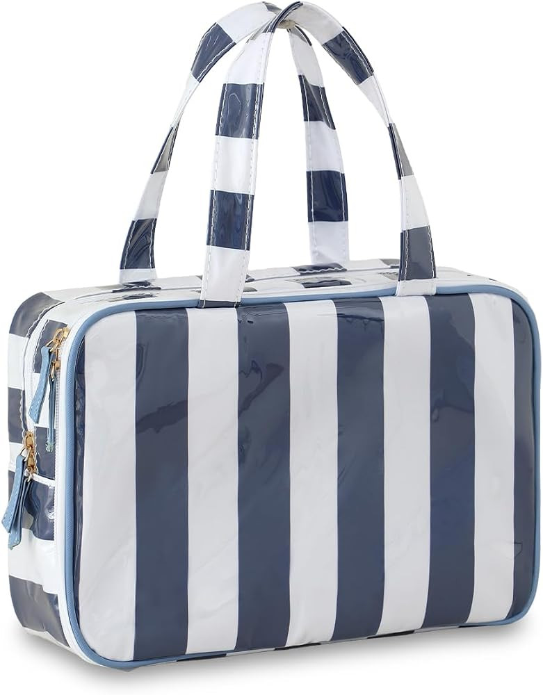 Travel Toiletry Bag for Women, Waterproof Clear Coated Portable Stripe Makeup Cosmetic Bag with C... | Amazon (US)