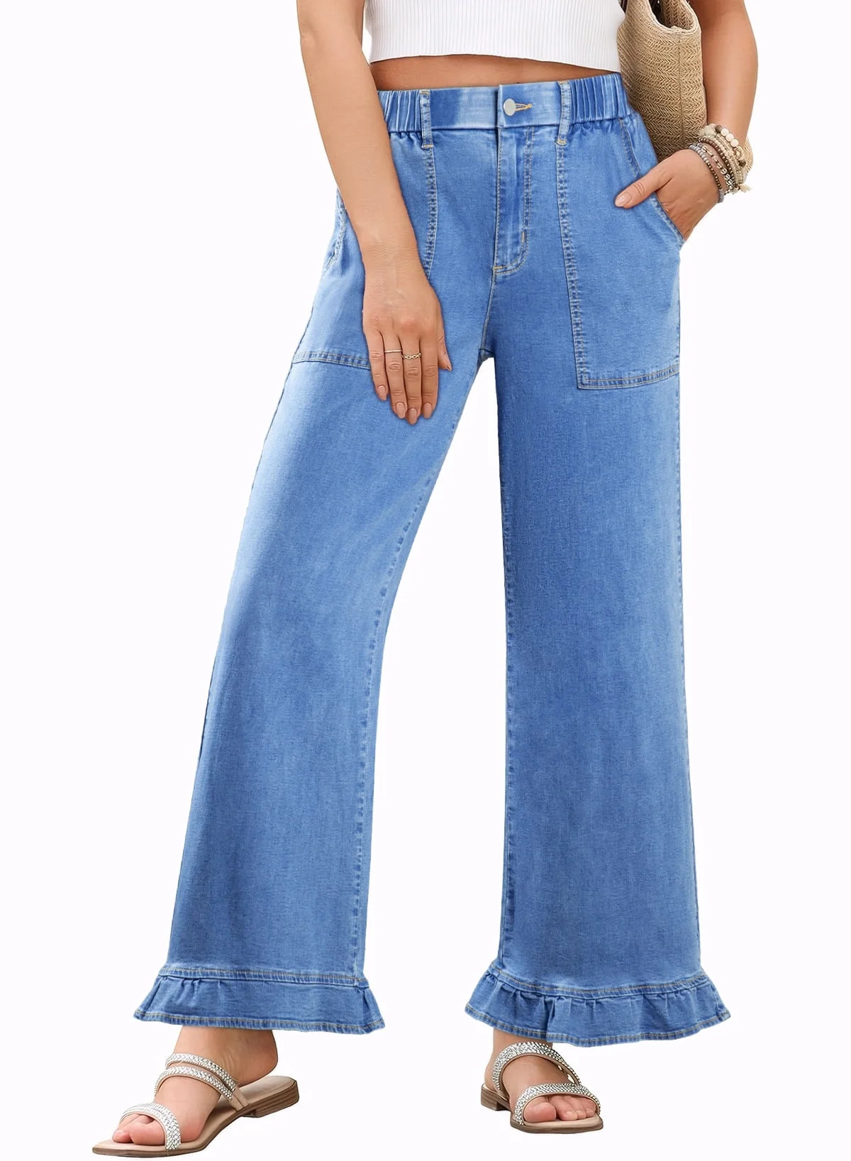 DOKOTOO Jeans for Women High Waisted Wide Leg Jeans with Ruffle Hem Trendy Stretchy Denim Loose P... | Walmart (US)
