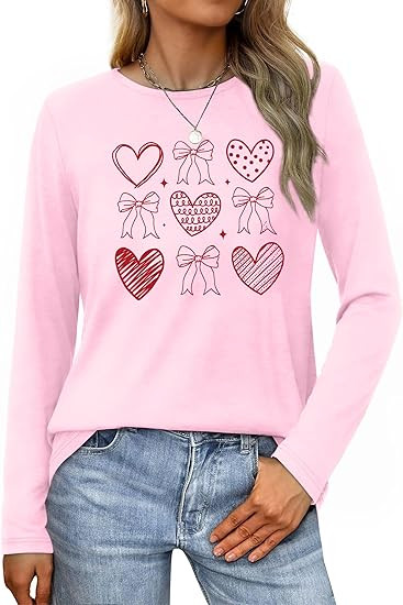 Valentines Shirt Women Love Heart Long Sleeve Shirts Valentine's Day Lover Crewneck Top | Amazon (US)