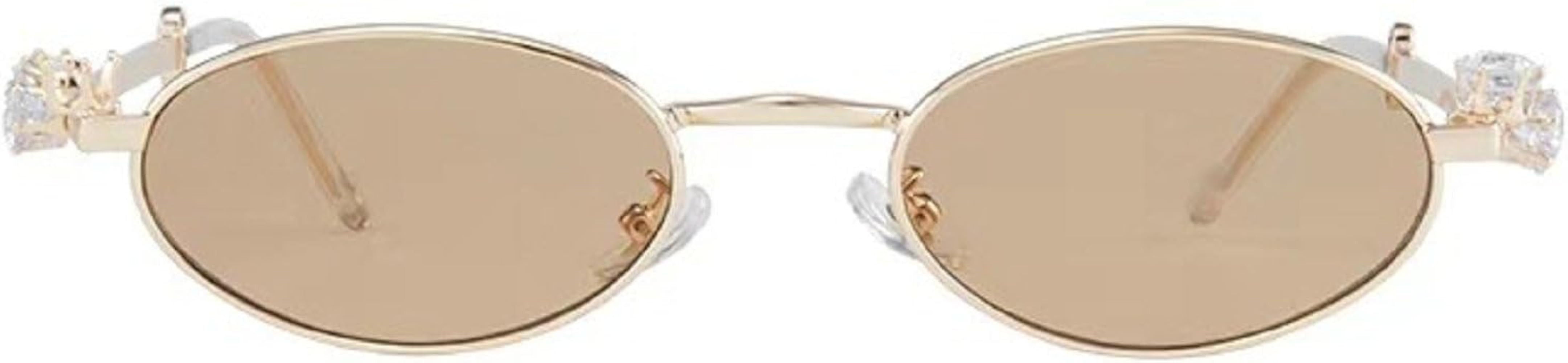 Womens Oval Rhinestone Sunglasses Metal frame Trendy Shades Retro Fashion Diamond Punk Sunglasses... | Amazon (US)