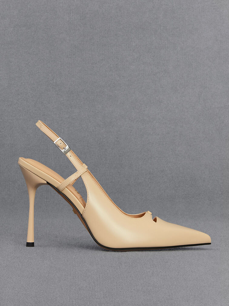 Leather Pointed-Toe Slingback Pumps - Beige | Charles & Keith US