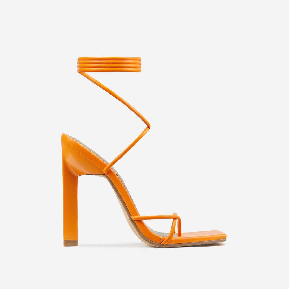 Into-You Lace Up Square Toe Sculptured Block Heel In Orange Faux Leather | EGO (UK)