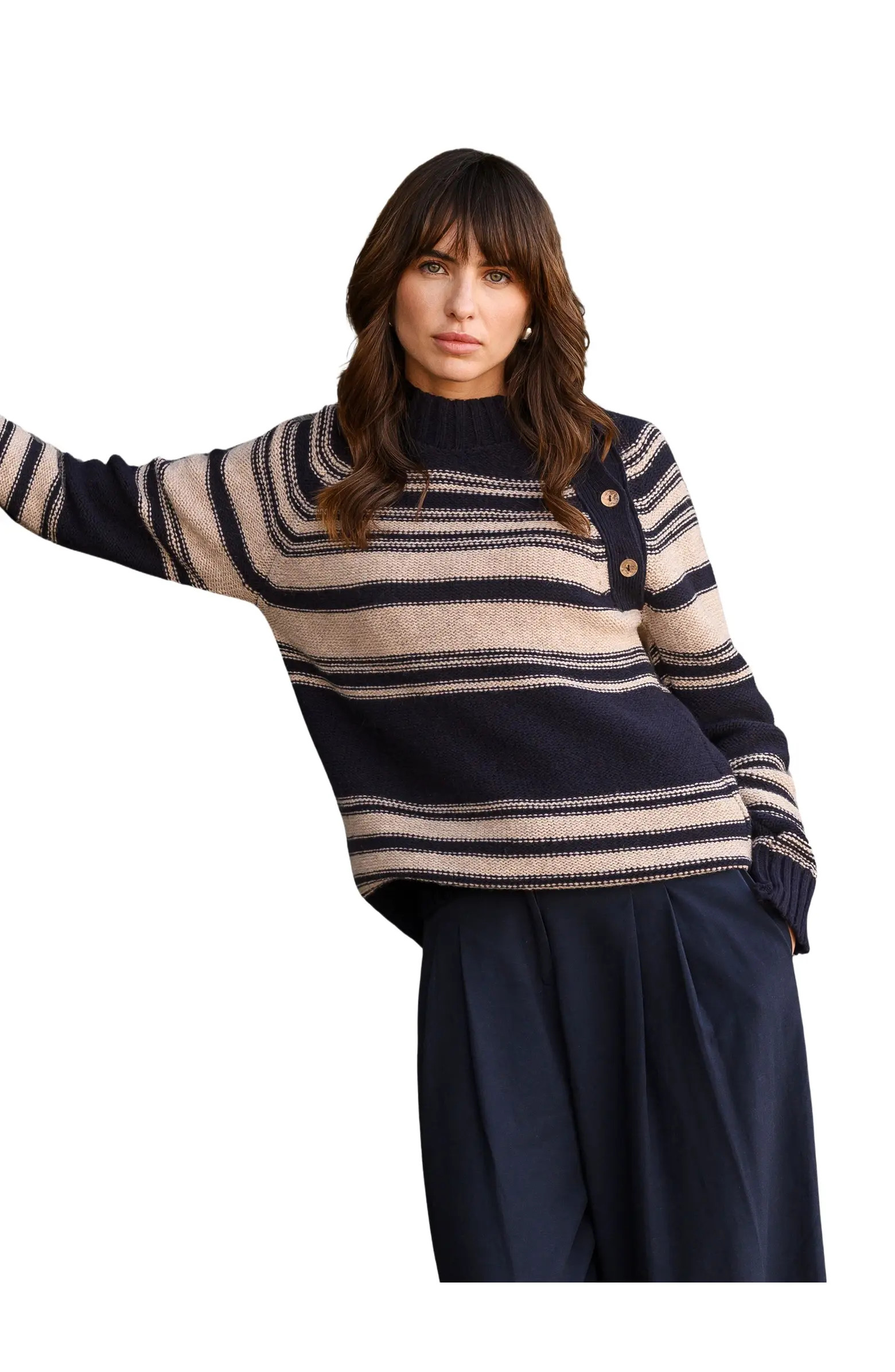 Pure Wool Stripe Button Neck Sweater | Nordstrom
