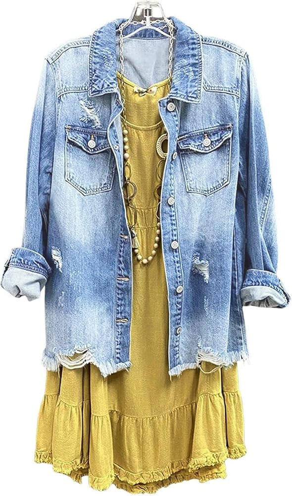 Womens Denim Ripped Distressed Button Down Mid Long Casual Jean Jackets | Amazon (US)