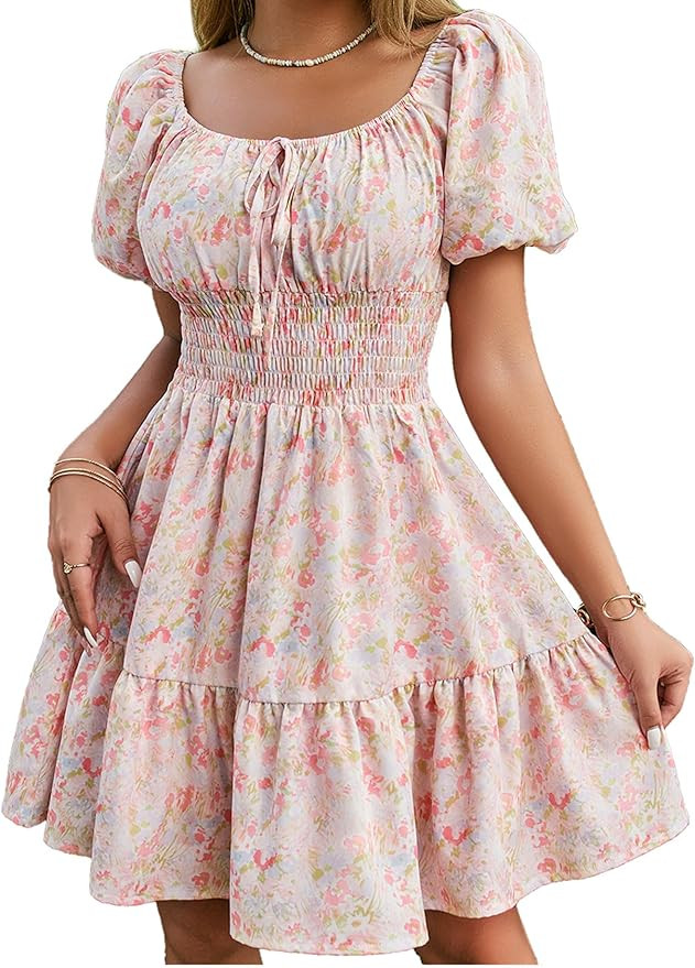 Floerns Women's Boho Square Neck Puff Short Sleeve Self Tie Front A Line Dress | Amazon (US)