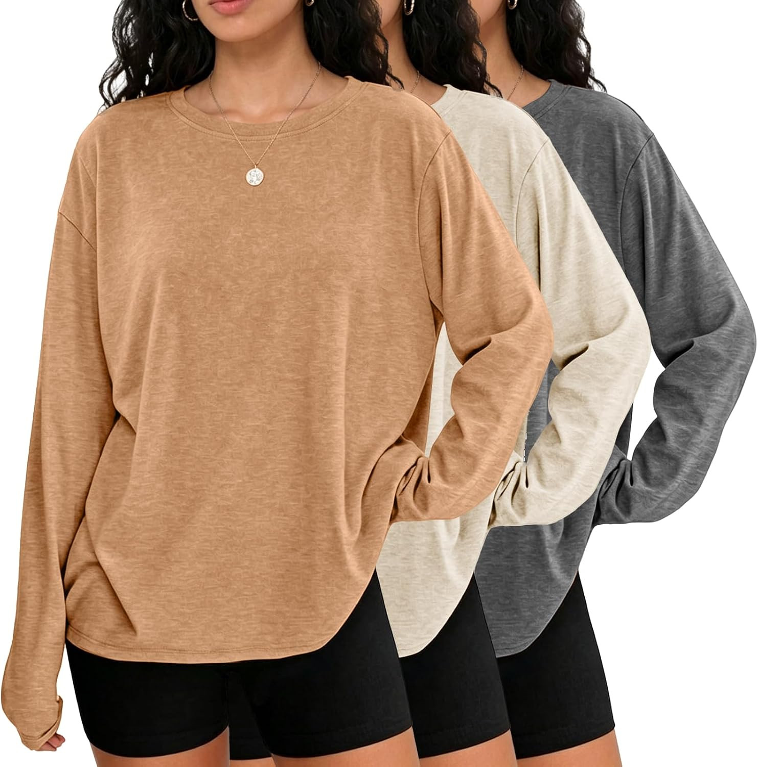Womens 3 Pack Oversized Long Sleeve T Shirts Cotton Casual Acid Washed Tees Loose Fit Soft Basic Workout Baggy Top | Amazon (US)