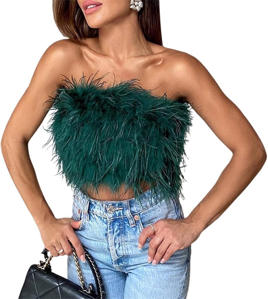 Feather Top Women Sexy Feather Cami Tube Vest Sleeveless Strapless Backless Fluffy Slim Fit Tube Top | Amazon (US)