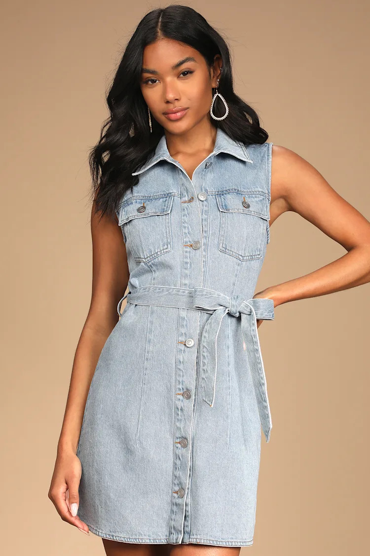 Trendy Throwback Light Wash Denim Button-Up Belted Mini Dress | Lulus (US)
