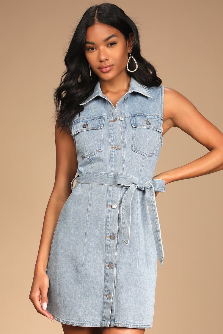 Trendy Throwback Light Wash Denim Button-Up Belted Mini Dress | Lulus