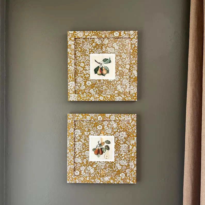 Pair of square fabric wrapped frames with vintage pear illustrations, 8\u201d x 8\u201d square fr... | Etsy (Global)