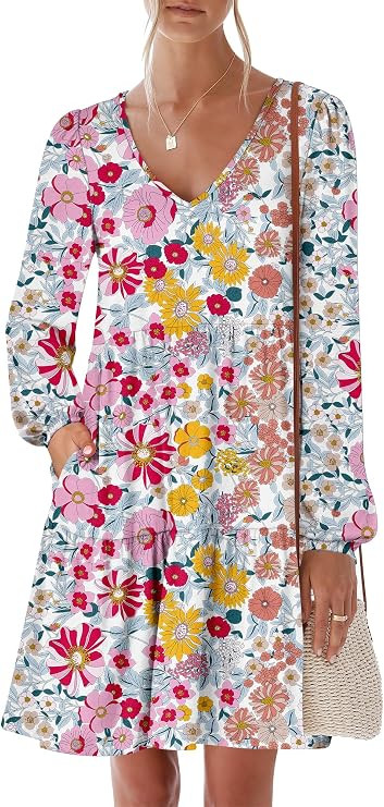 ANRABESS Womens Long Sleeve Dress 2026 Spring Casual V Neck Tiered Flowy Short Dresses Beach Trav... | Amazon (US)