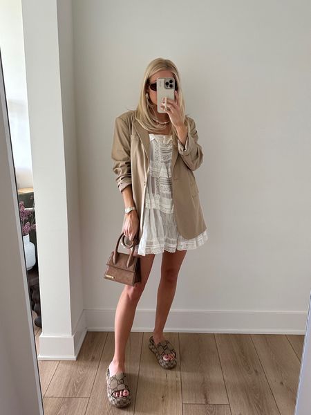 Easy Summer Outfit - wearing a small in free people romper and med  Amazon blazer… exact color is discontinued so I linked similar , Gucci shoes run tts! #kathleenpost #summeroutfit #amazon #freepeople #gucci #getmylook

#LTKStyleTip 

#LTKSeasonal
