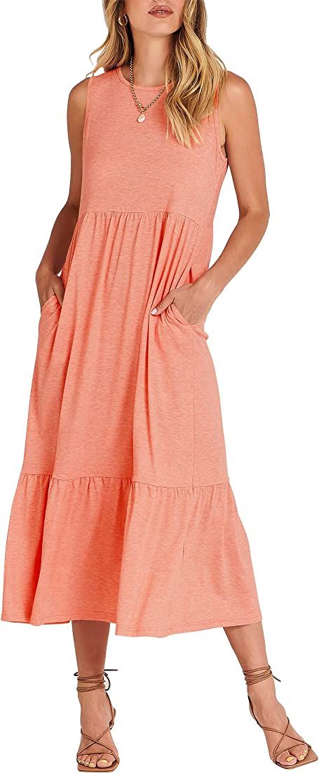 ANRABESS Women's Summer Casual Sleeveless Crewneck Swing Sundress Fit & Flare Flowy Tiered Maxi D... | Amazon (US)