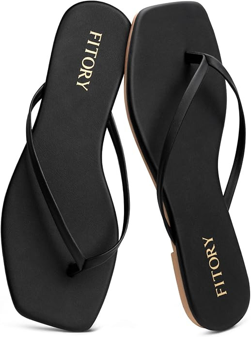FITORY Womens Flip Flops, Square Open Toe Leather Thong Sandals, Comfortable and Dressy Flat Slid... | Amazon (US)