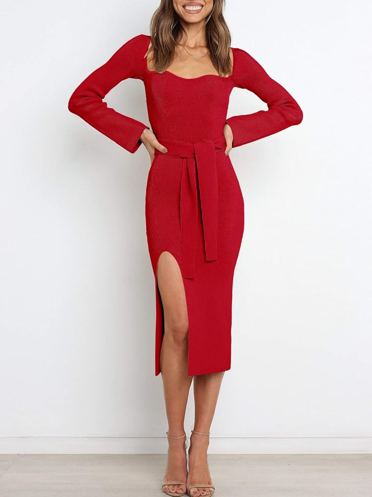 ANRABESS Women's Long Sleeve Sweetheart Neck Bodycon Slim Fit Sweater Slit Tie Waist Knit Midi Dr... | Amazon (US)