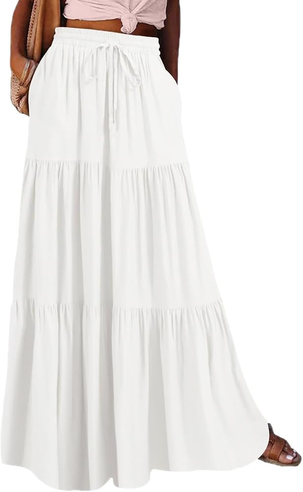 Flowy Maxi Skirt for Women Boho Long Skirts with Pockets High Waisted Ruffle Tiered Casual Fall F... | Amazon (US)