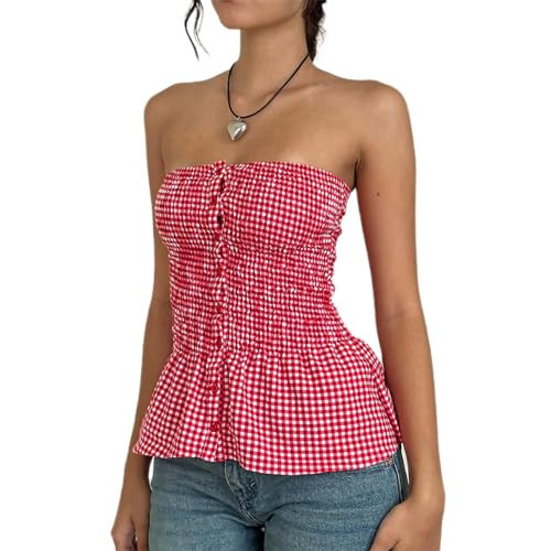 Alyweatry Women Y2k Gingham Tank Top Sleeveless Coquette Aesthetic Plaid Print Cami Crop Top Summer Going Out Top (Red Gingham Tube top, S), Small | Amazon (US)