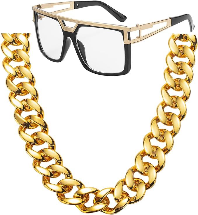 80s 90s Hip Hop Costume Jewelry Gold Chain for Women Men Gold Chain Rapper Sunglasses Necklace Co... | Amazon (US)