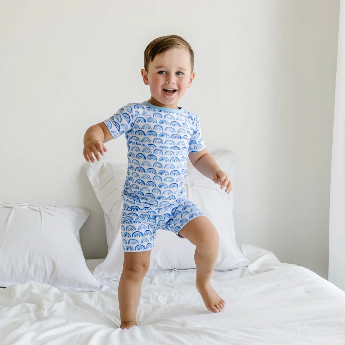 Blue Rainbows Two-Piece Short Sleeve & Shorts Pajama Set | Little Sleepies