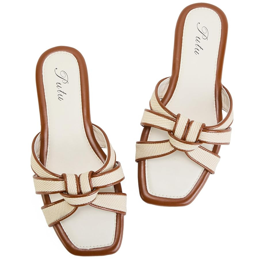 Putu Women's Flat Sandals Square Toe Slide Sandals Braided Sandals for Vacation | Amazon (US)