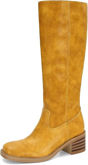 DOEYG Women's Banana Knee High Boots Square Toe Chunky Block Heel Tall Boots Wide Calf Fashion Co... | Amazon (US)