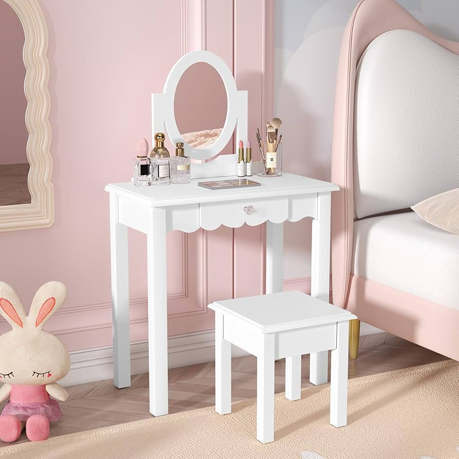 HLR Kids Vanity, Girls Vanity Set with Mirror and Stool, Wooden 2 in 1 Princess Makeup Desk Dress... | Amazon (US)