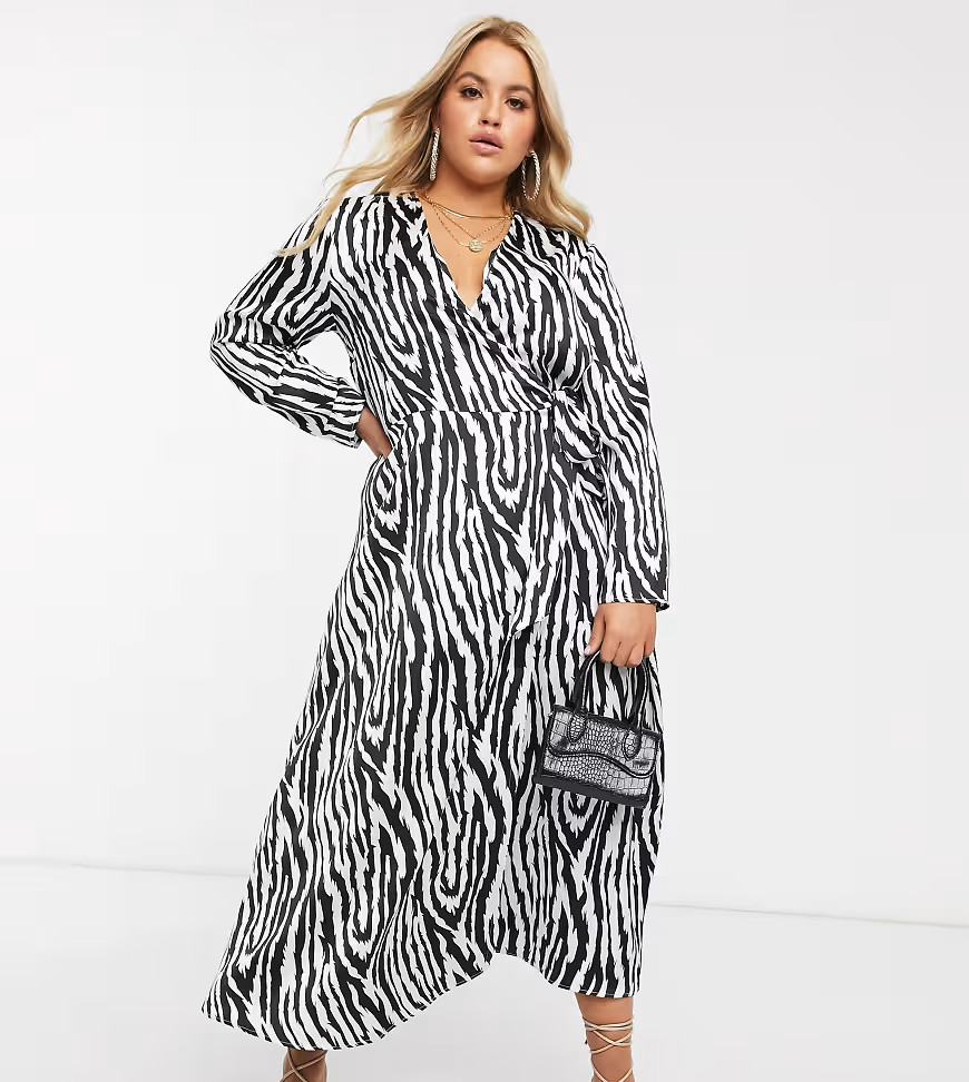 ASOS DESIGN Curve exclusive satin wrap maxi dress in zebra print-Multi | ASOS (Global)