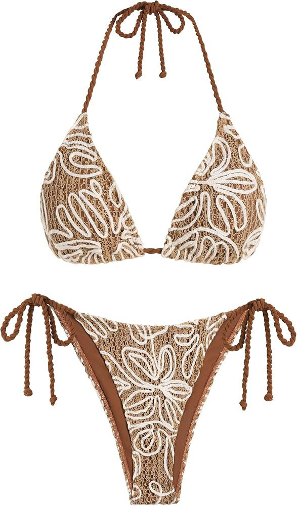 ZAFUL Crochet Triangle Bikini Halter Sting Bikinis Cute Cheeky Two Piece Swimsuit Sexy Bathing Su... | Amazon (US)