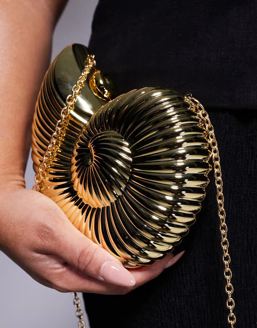 ASOS DESIGN round ammonite shell clutch bag with crossbody chain strap in gold | ASOS (Global)