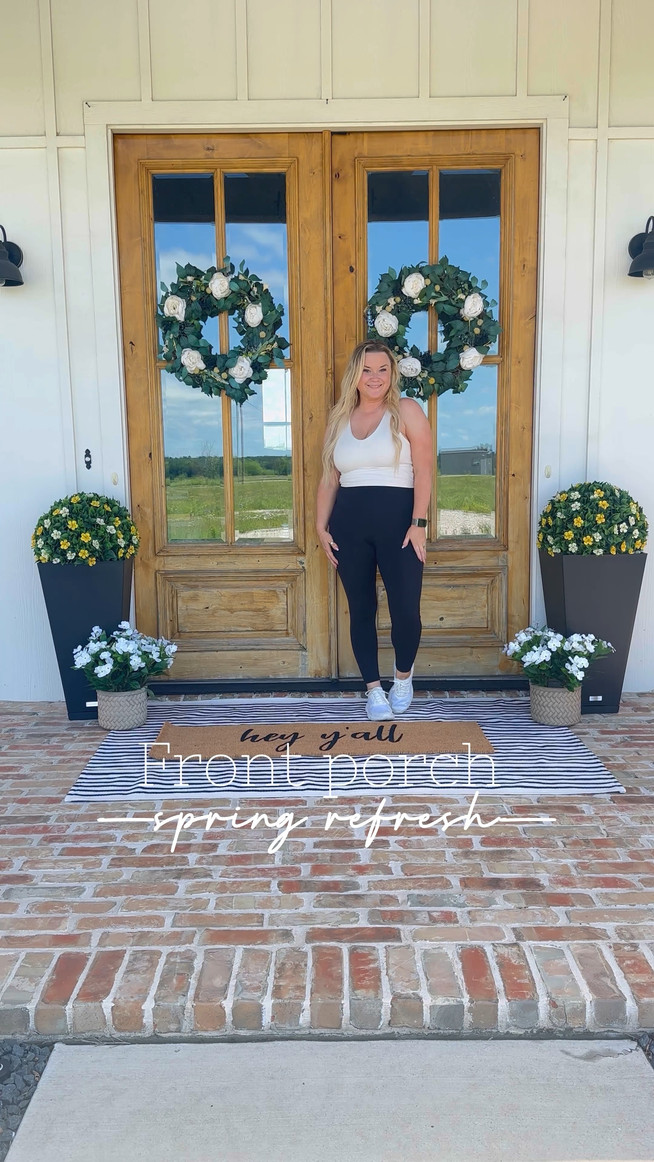 Front porch, outdoor rug, door mat, black planters, farmhouse, wreath, lulu lemon, target, Walmart, Amazon home decor, entry way, layered rug, porch decor, spring, summer, 

#LTKFindsUnder100 #LTKSeasonal #LTKHome