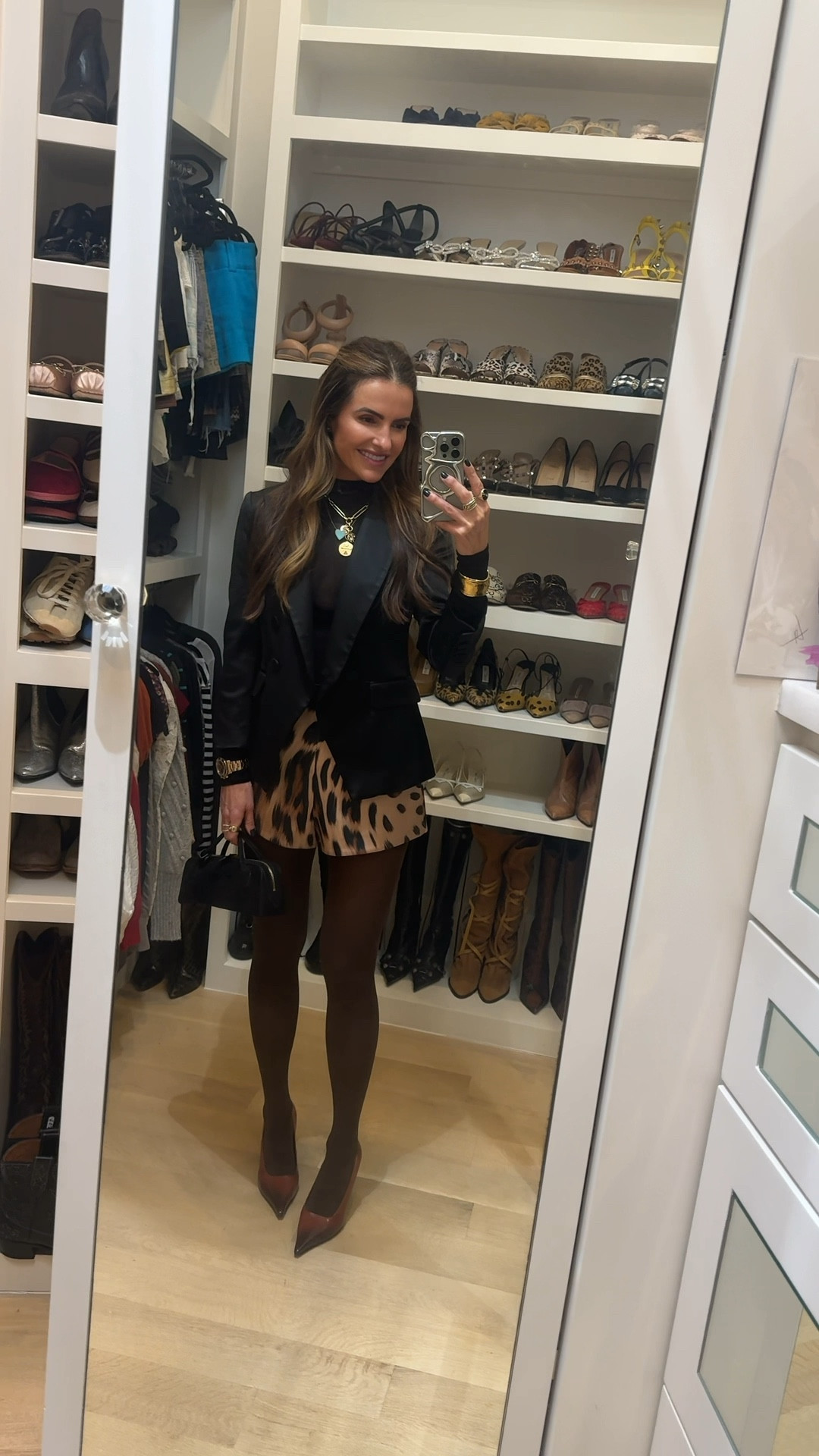 saturday night date night wearing the perfect soirée look to add to your wardrobe asap before all of your holiday parties or next night out🤎🐆🖤

these high waisted shorts are super flattering & come in like 10 colors too! 

run tts im wearing a small but i did have take the waist in some 

+ a chic black blazer, fav ombré heels & bag 

& the best tights on the market they last forever & are so soft & comfy too! run tts IM wearing a small 

#LTKSeasonal #LTKHoliday #LTKootd