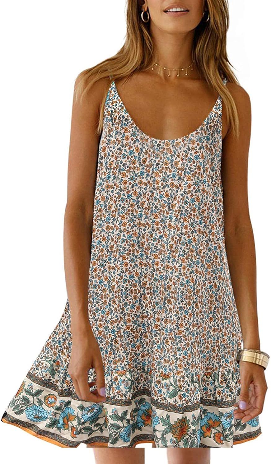 Womens Boho Beach Dress - Floral Spaghetti Strap Sleeveless V Neck A line Swing Casual Sundress B... | Amazon (US)