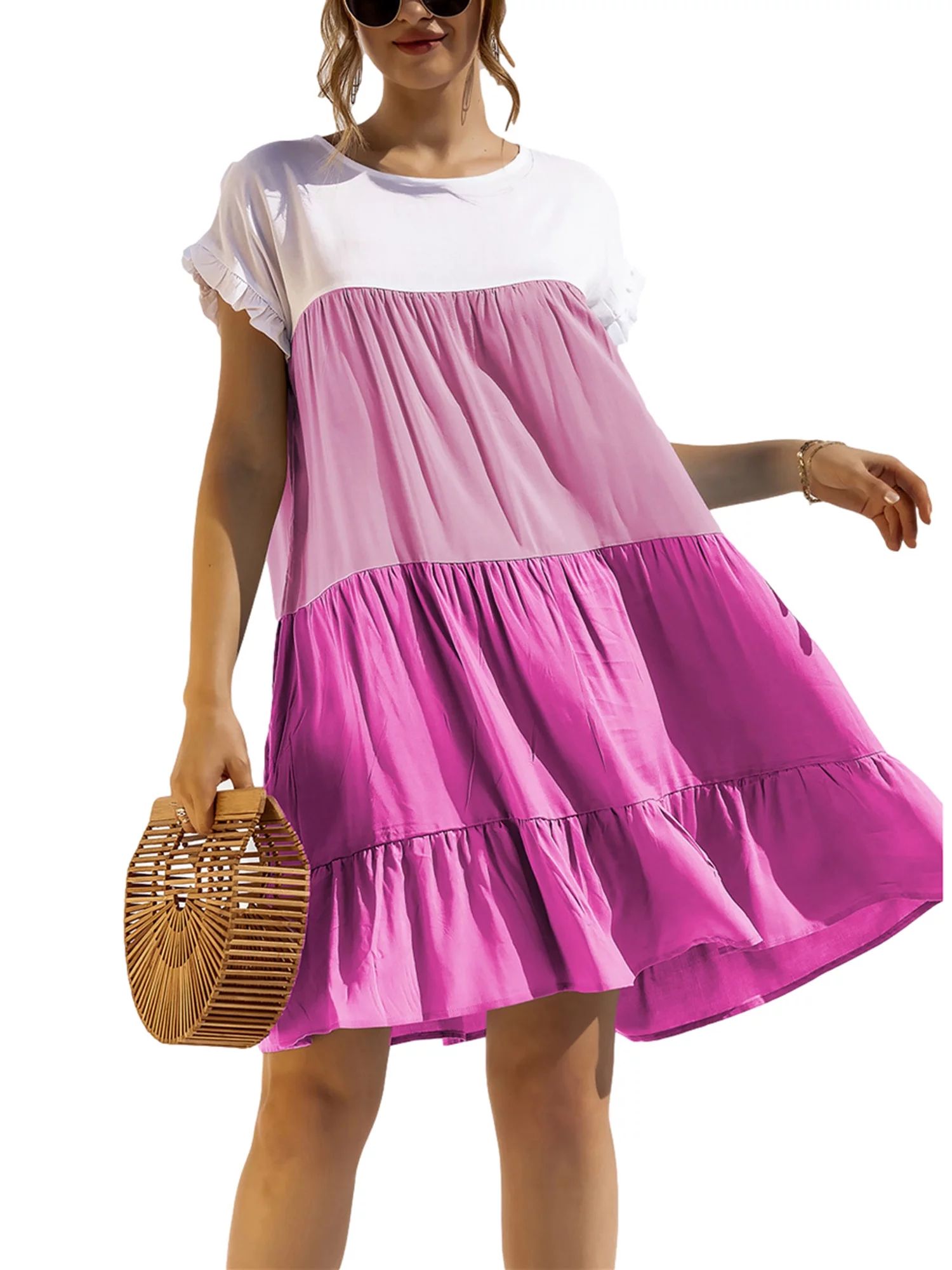 Women Summer Short Sleeve Babydoll Ruffle Color Block Dress Loose Flowy Mini Tunic Short Dresses ... | Walmart (US)