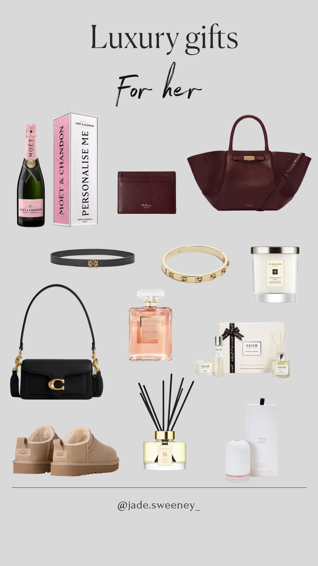 The first in my series of gift guides is here 🤍 ✨ Luxury gifts for her

Luxury gift guide, Coach tabby bag, Coach bracelet, Jo Malone candle Jo Malone diffuser, Neom wellbeing, micro Uggs, personalised Moet bottle, Mulberry wallet, Demellier bag, Loewe belt 

#LTKfestive #LTKgiftguide #LTKluxury