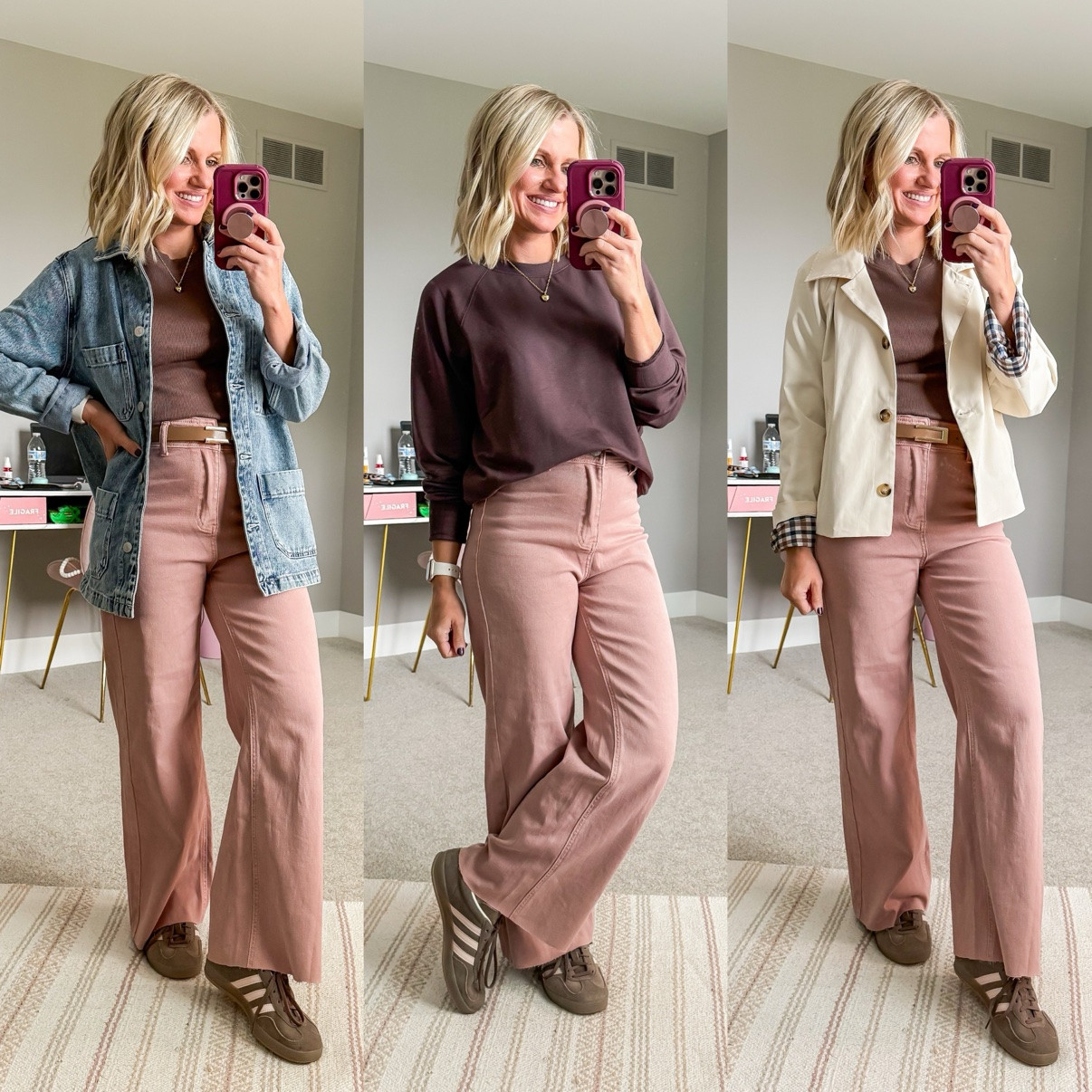 Fall Capsule 2026 🍂 Three ways I'm styling my pink corduroy wide-leg pants! This is look 7 of 8 with this piece — my 20-piece capsule mixes and matches into 120 outfits. Which one is your favorite?! Shop the pieces on my LTK! 🤎 

 #fallcapsulewardrobe #capsulewardrobe #falloutfits #fallfashion #petitestyle #affordablefashion #ltkstyle #ltkfall