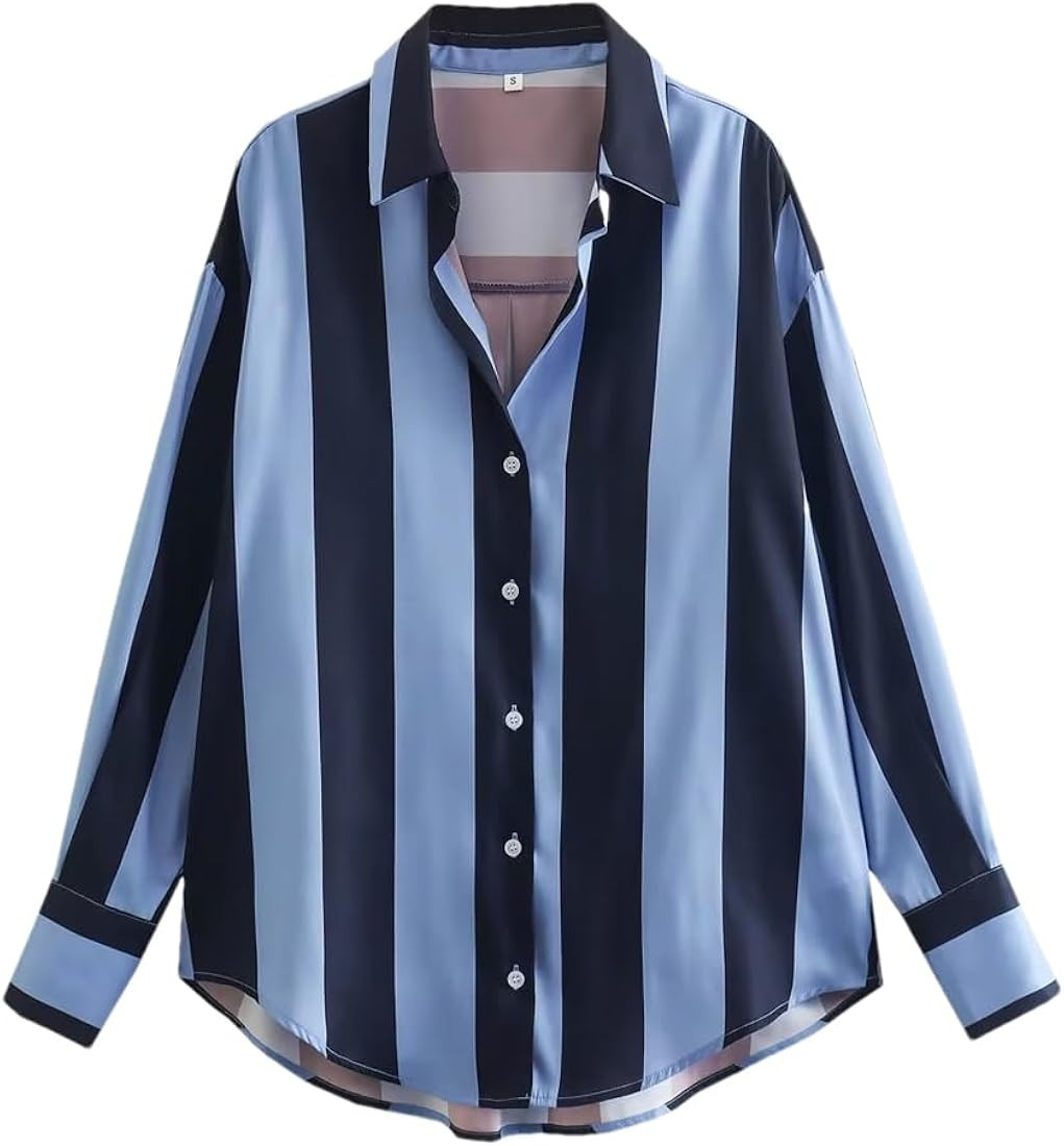 Women Turndown Collar Stripe Stitching Blouses Vintage Long Sleeve Button-Up Shirts Tops | Amazon (US)