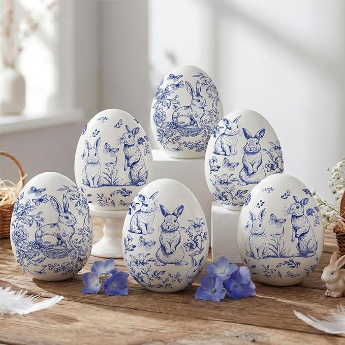 6 Pcs Ceramic Blue and White Easter Eggs Chinoiserie Porcelain Eggs Spring Basket Bowl Filler Rus... | Amazon (US)