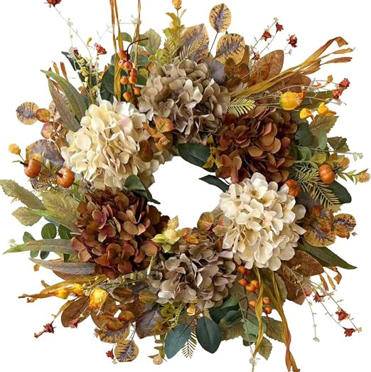 WANNA-CUL 24 Inch Fall Wreaths for Front Door with Hydrangea,Mini Pumpkins | Twig Base Rustic Aut... | Amazon (US)