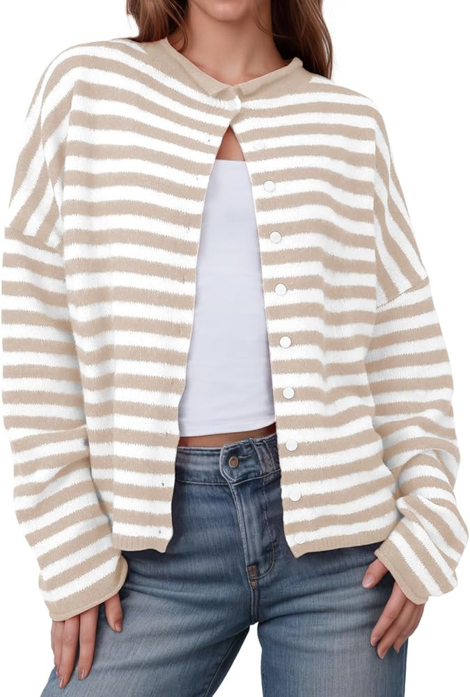 Saodimallsu Womens Striped Cardigan Casual Long Sleeve Open Front Button Down Loose Knit Lightwei... | Amazon (US)