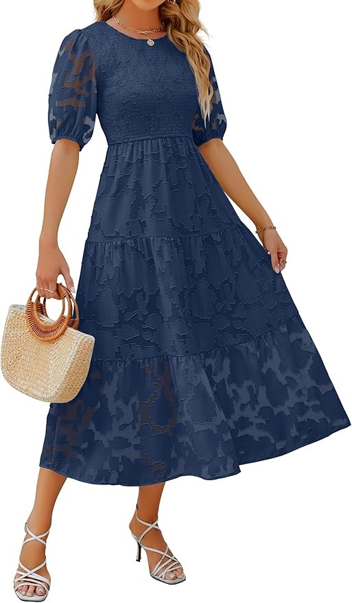 ZESICA Women's 2024 Summer Short Puff Sleeve Crewneck Smocked Floral Lace Flowy A Line Tiered Max... | Amazon (US)