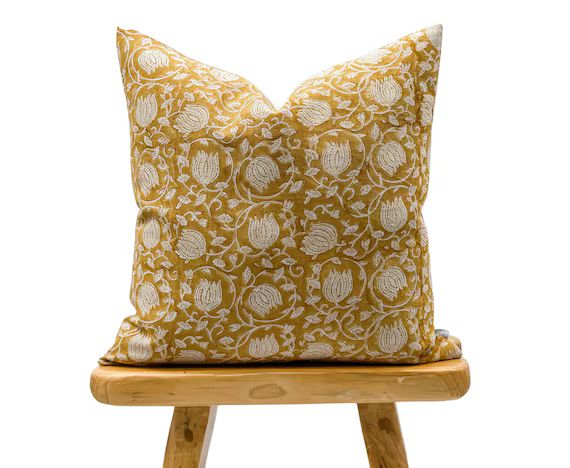 Designer Floral Yellow Mustard on Natural Linen Pillow Cover, Yellow Pillow cover, Boho Pillow, D... | Etsy (US)