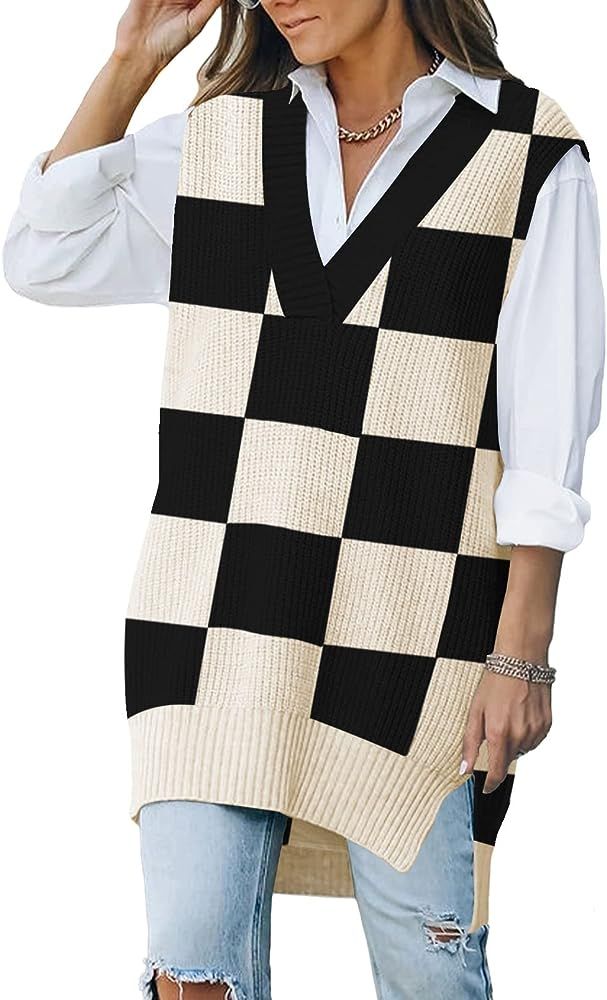 Viottiset Women's Oversized V Neck Knit Sweater Vest Tunic Sleeveless Pullover Top | Amazon (US)