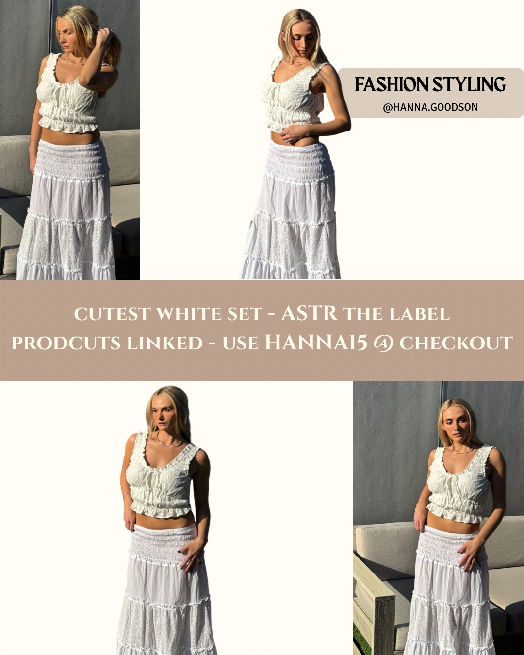 WHITE OUTFIT DROP | ASTR THE LABEL SET  
Use code **HANNA15 for 15% off** at checkout! Shop the exact lightweight, structured set via my LTK link—ideal for summer, brunch, or polished everyday looks. Wrinkle-resistant fabric keeps it effortless. purchase direct before sizes sell out.  

#ShopLTK #ASTRtheLabel #WhiteOutfit #SummerStyle #LTKunder100  

#LTKFindsUnder100 #LTKStyleTip #LTKSaleAlert