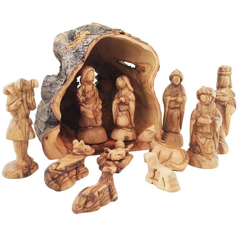 Olive Wood Rustic Nativity Set with Olive Tree Trunk Stable | Wayfair North America